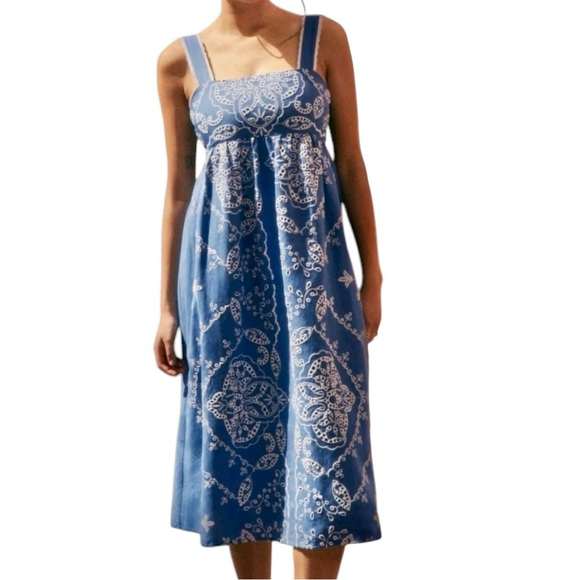 Sezane NWT Women’s Size 6 Blue Ecru Embroidered Sylvette Tie Back Midi Dress - Picture 1 of 13